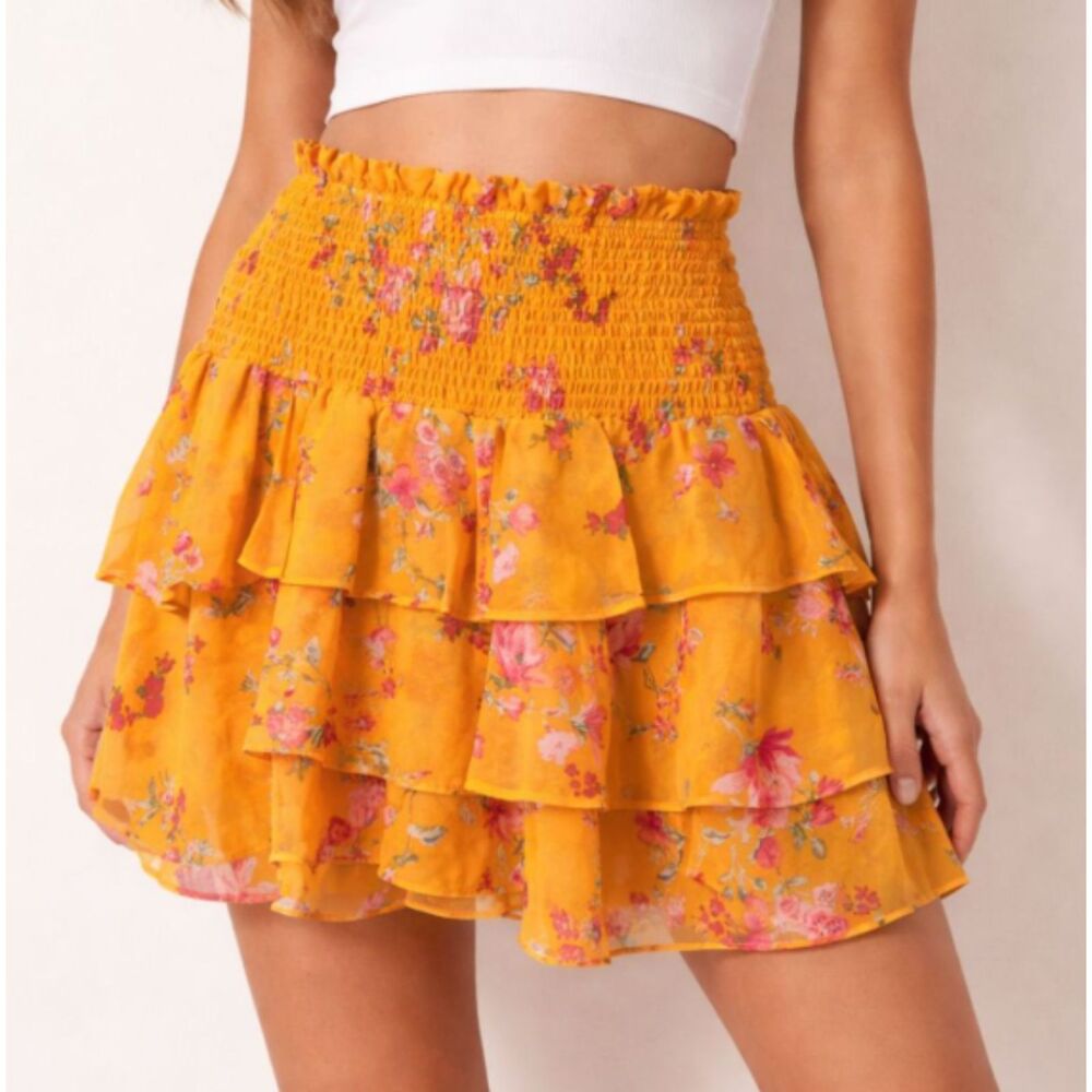 1.State Smocked Ruffle Mini Skirt Floral Yellow Womens Medium